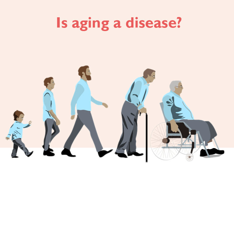 Child, a young man, a man, an old man, a man in wheelchair, walking to the right in a line based on age.